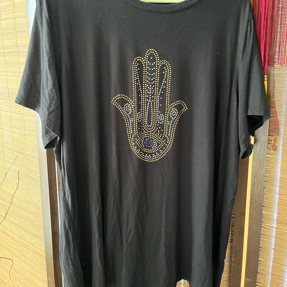 Black T-Shirt with Gold and Blue Hamsa Design